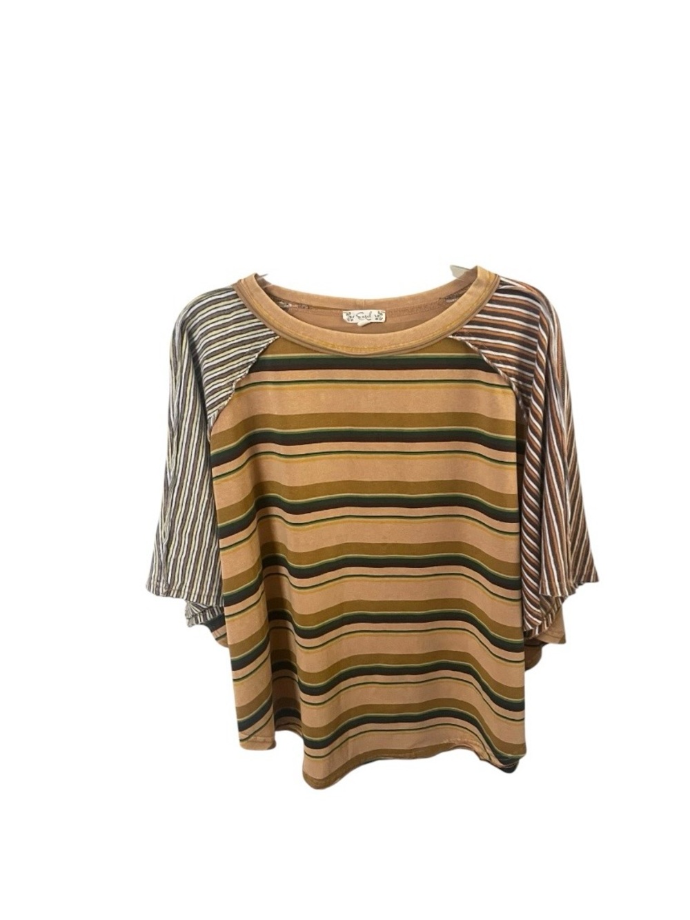 easel Striped Short-Sleeve Raglan Top in Tan, Olive & Brown